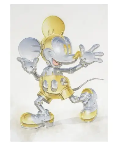 Póster firmado Hajime Sorayama x Disney, motivo de personaje Disney reinterpretado por el artista, fondo blanco.